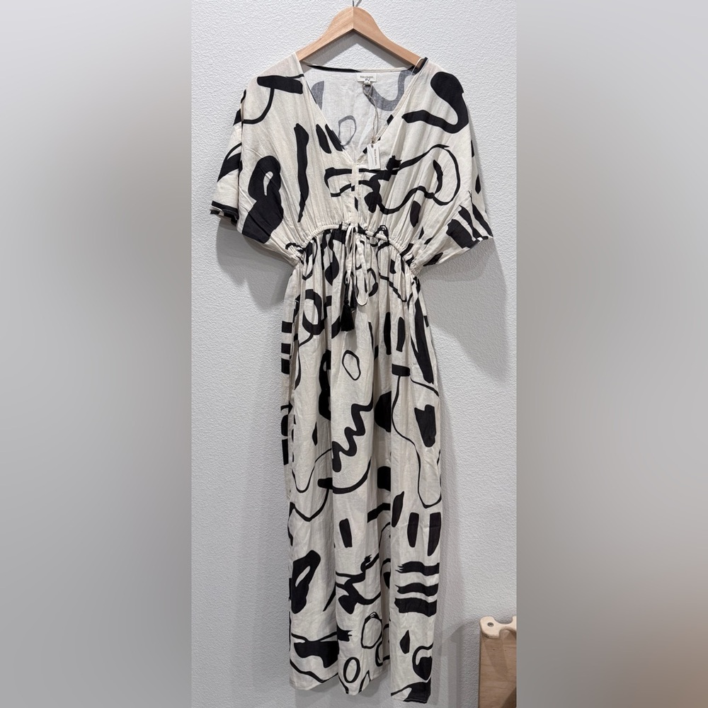 World Market Abstract Print Midi Dress L/XL Resort Coastal Linen Boho Tassel NWT